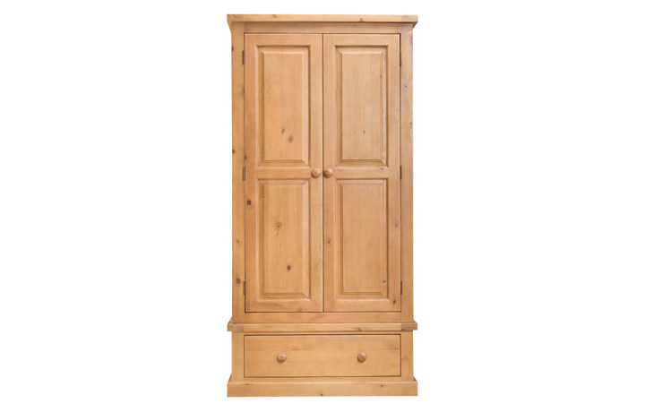 Pine 2 Door Wardrobe - Country Pine  Double Gents Wardrobe With Drawer
