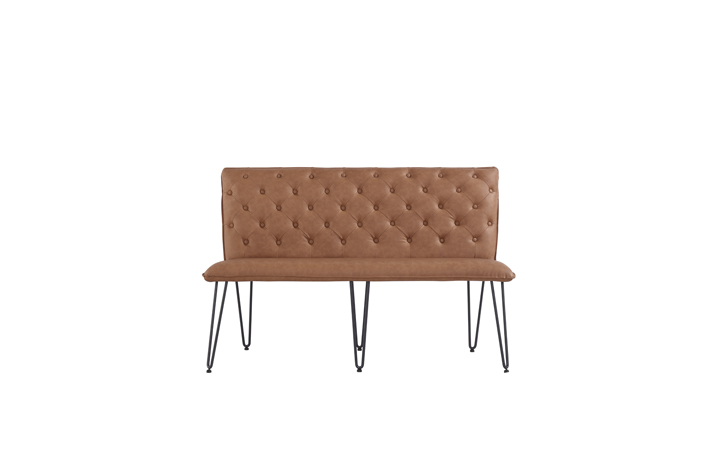 Marconi Industrial Oak Collection - Cleo Medium Tan Studded Back Bench Seat With Hairpin Legs