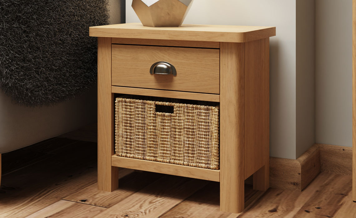 Oak Coffee Tables with Drawers - Woodbridge Oak 1 Drawer 1 Basket Lamp Table	
