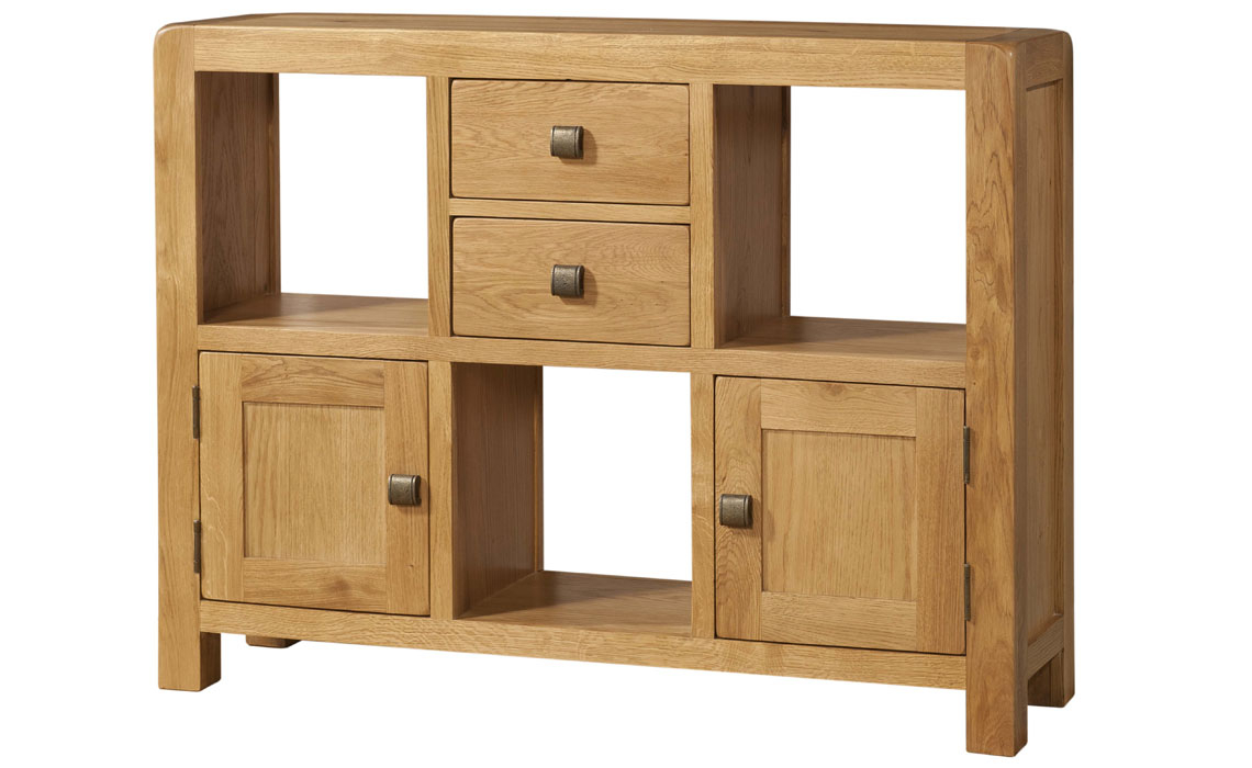 Oak Open Display Cabinets - Tunstall Oak Low Display Unit With 2 Doors 2 Drawers