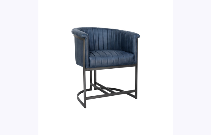 Leather or PU Dining Chairs - Tori Leather and Iron Tub Style Chair - Blue