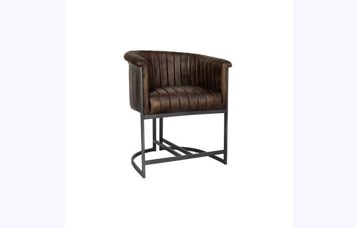 Leather or PU Dining Chairs - Tori Leather and Iron Tub Style Chair - Brown