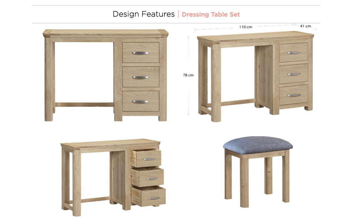 Delamere Oak Dressing Table Set Vanity Table & Stool