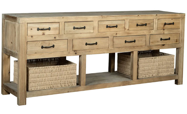 Carlton Reclaimed Pine 9 Drawer Sideboard With 2 Baskets