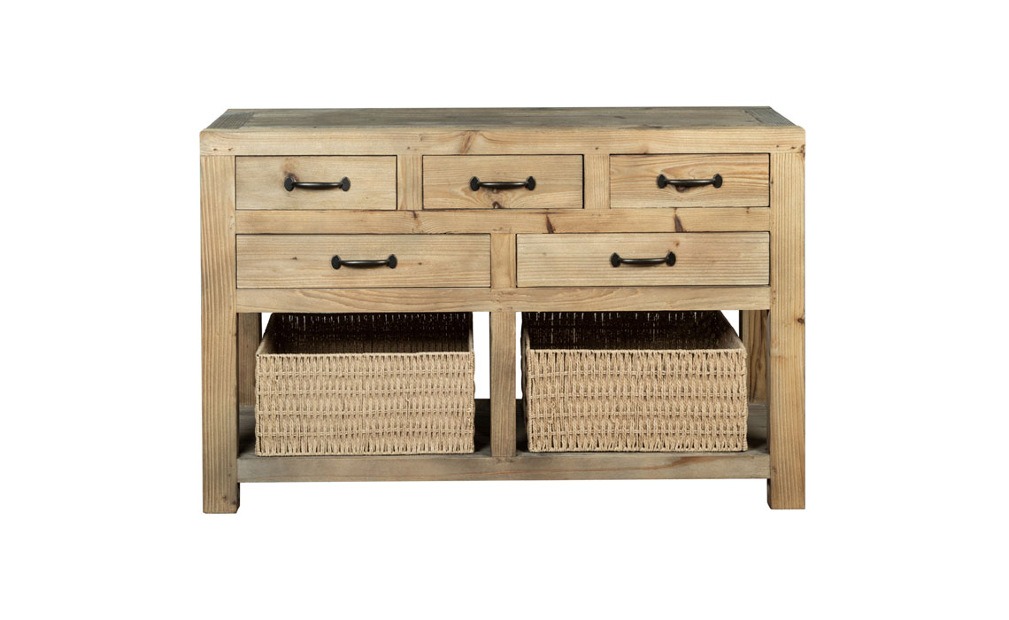 Carlton Reclaimed Pine 5 Drawer Sideboard With 2 Baskets