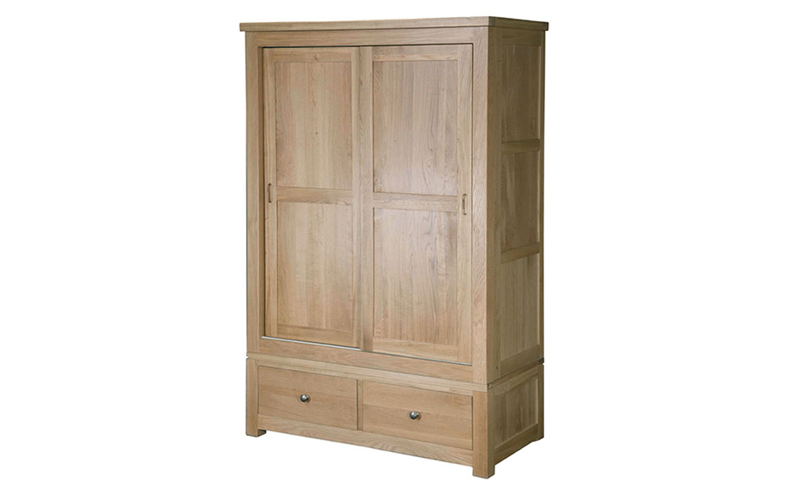 Suffolk Solid Oak Sliding Door Double Wardrobe 2 Drawers