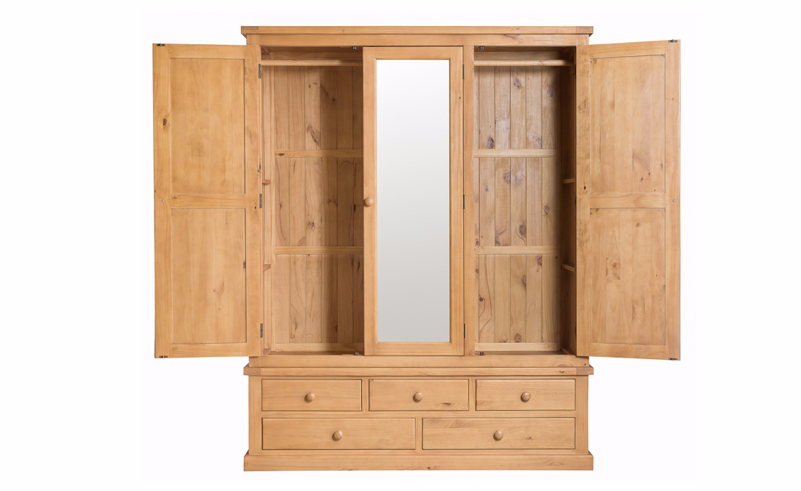 Country Pine Large Triple Robe With Drawers & Mirror
