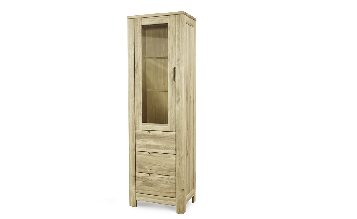 Natures Solid Oak Tall Narrow 1 Door 3 Drawers Display Cabinet