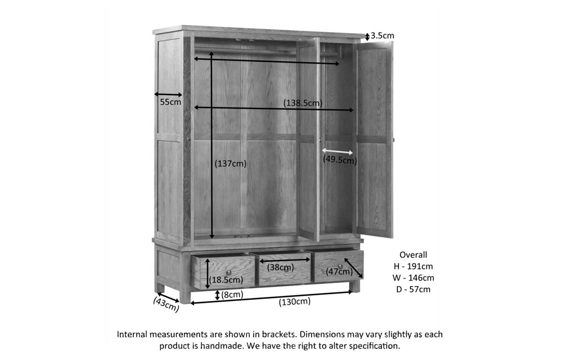 Lavenham Oak Triple Wardrobe With 3 Drawers