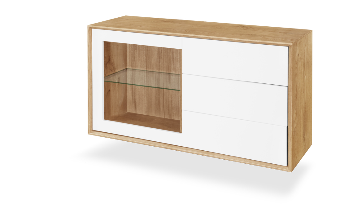 Annika Modern Oak 1 Door 3 Drawer Small Sideboard - Glass Door