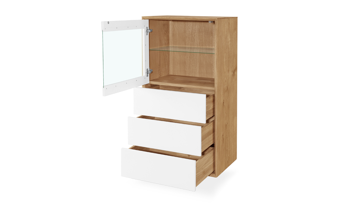 Annika Modern Oak Glazed Display Cabinet With 3 Drawers