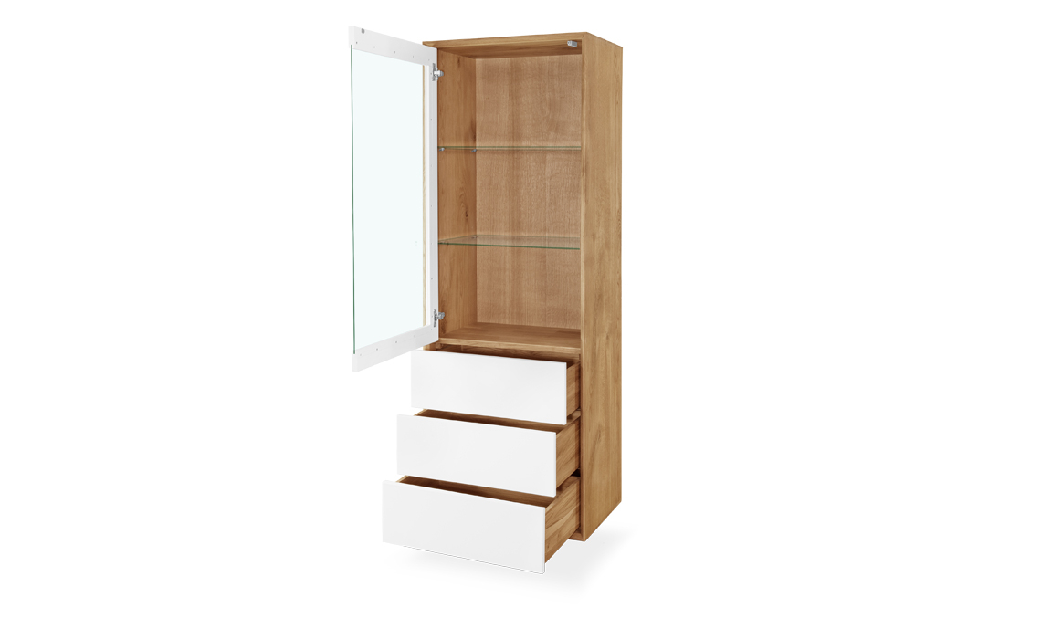 Annika Modern Oak Tall Glazed Display Cabinet With 3 Drawers