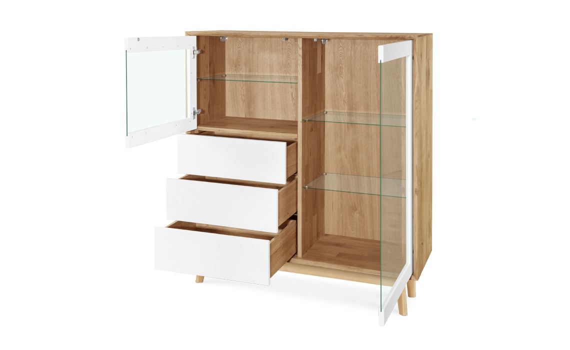 Annika Modern Oak Small Glazed 2 Door 3 Drawer Display Cabinet