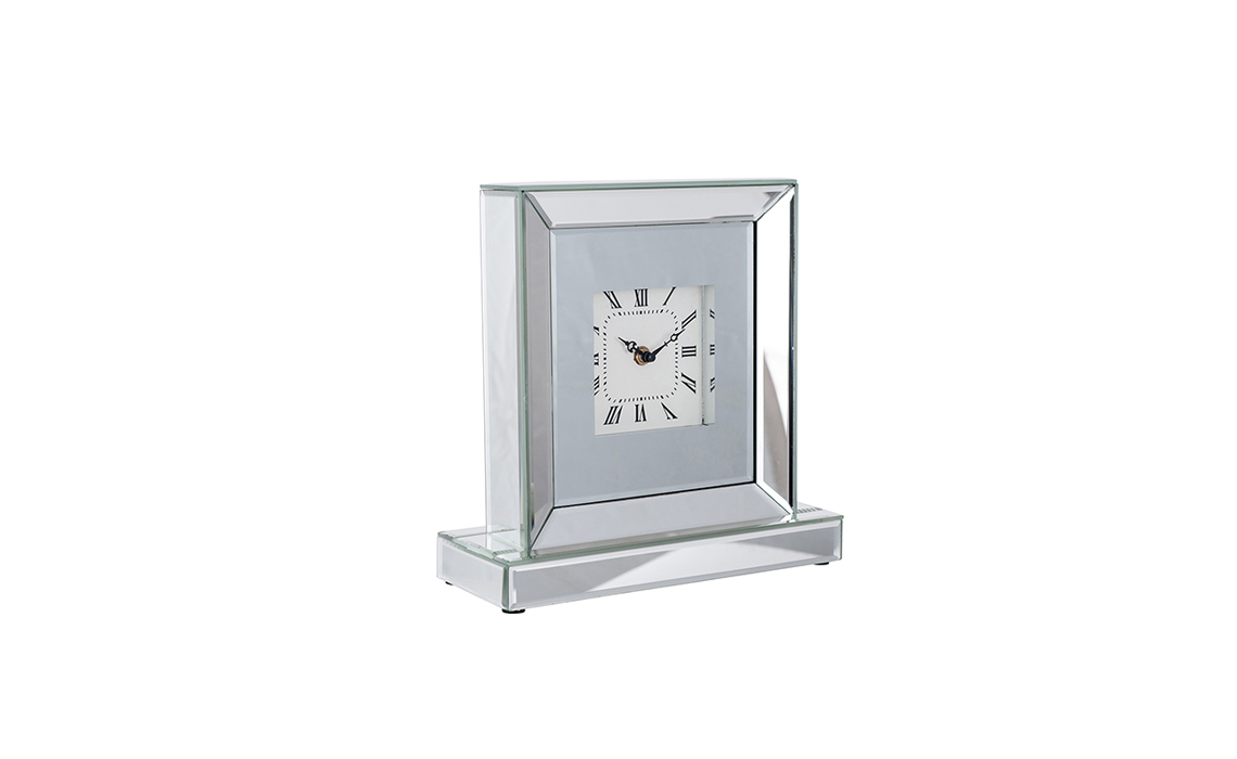 Silver Mirrored Glass & Wood Table Clock