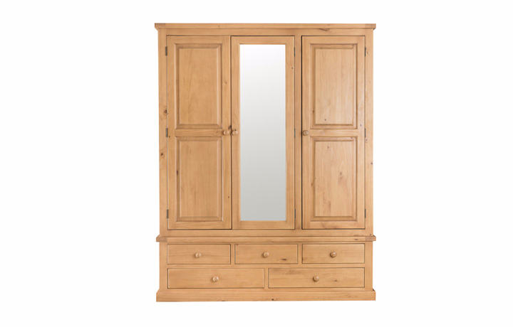 Pine 3 Door Wardrobe - Country Pine Large Triple Robe With Drawers & Mirror