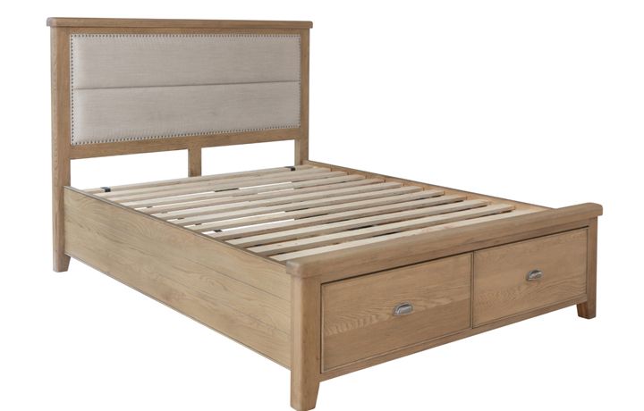 4ft6 Double Hardwood Bed Frames - Ambassador Oak 4ft6 Double Studded Fabric Bed Frame With Drawers