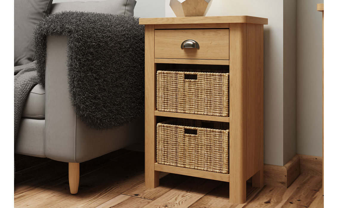 Oak 2 Drawer Console Tables - Woodbridge Oak 1 Drawer 2 Basket Cabinet