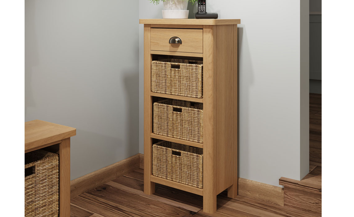 Oak 2 Drawer Console Tables - Woodbridge Oak 1 Drawer 3 Basket Cabinet