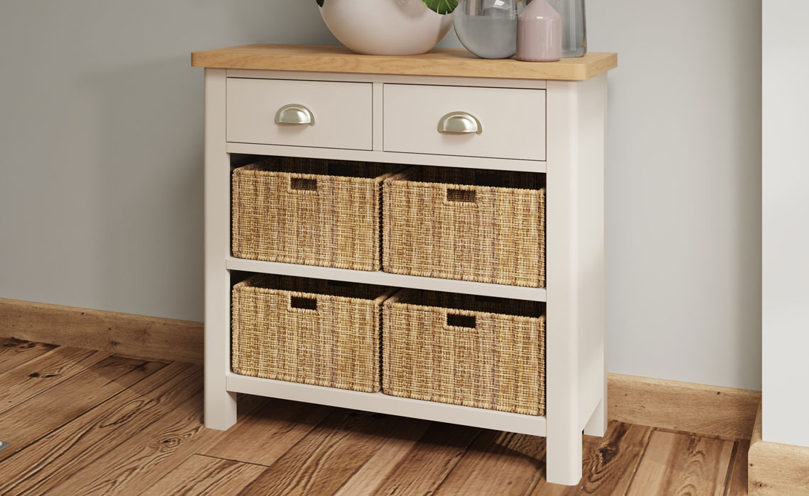 Cream console store table with baskets