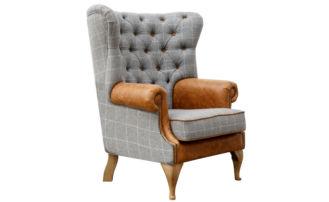 Accent Chairs & Stools - Archibald Wraparound Buttoned Fabric & Leather Wing Chair - 2 Colours