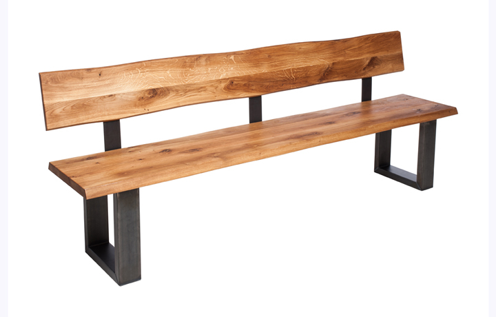 Aurora Solid European Oak - Aurora Oak Bench With Backrest Industrial Matt Steel U Shape leg