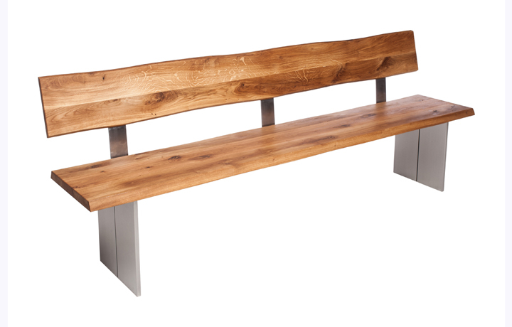 Aurora Solid European Oak - Aurora Oak Bench With Backrest Stainless Steel Polished Full Leg 